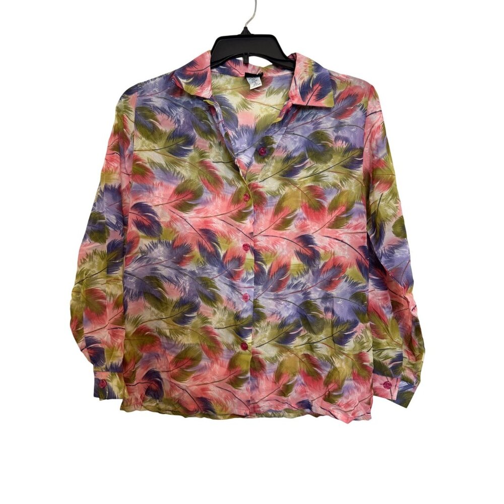 Salon Studio By Haband Button-Up Feather Print Blouse Women Small Multicolor Lig